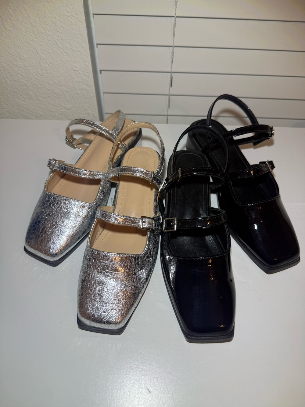 Metallic Silver and Black Mary-Jane Slingback Flats